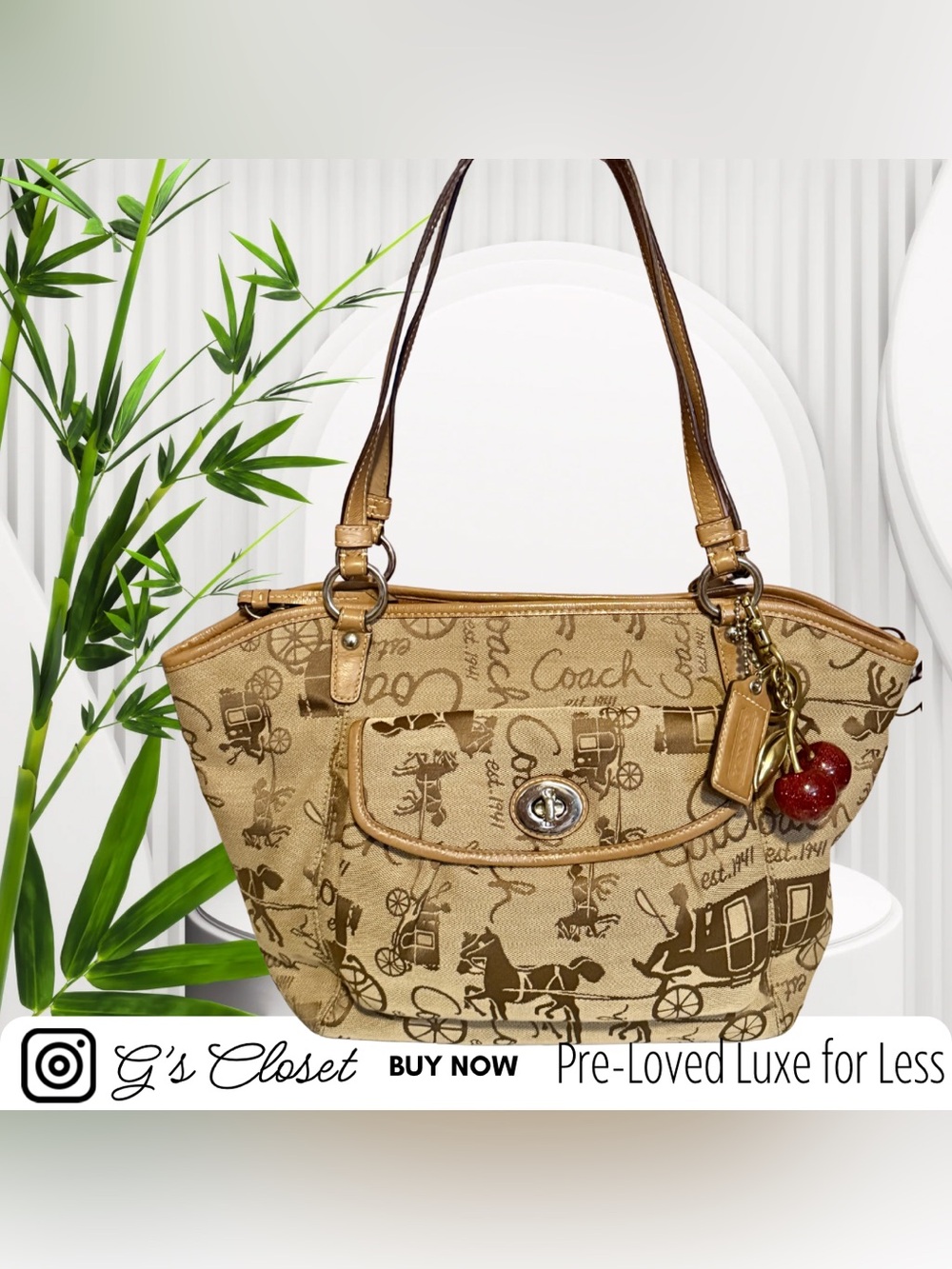 Coach Tan Signature Canvas Shoulder Bag with Front Turn-Lock Pocket